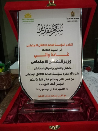 تقديم درع تكريم من العاملين بالمؤسسة العامة للتكافل الاجتماعى للوزيرة / غادة والى